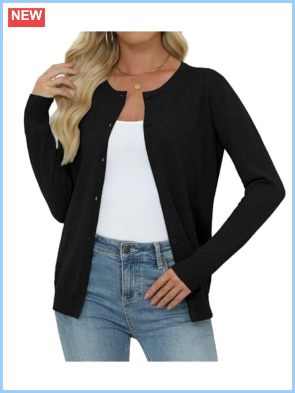 Womens Crew Neck Button Front Knit Cardigan Long Sleeve Sweater